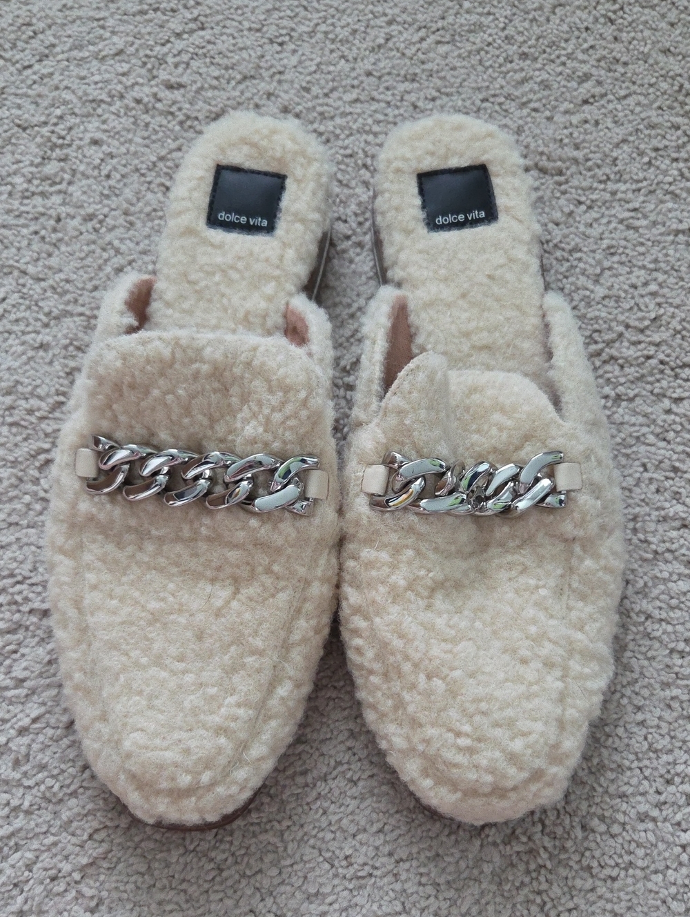 Dolce Vita Cream Shearling Chain-Trim Slip-On Mules